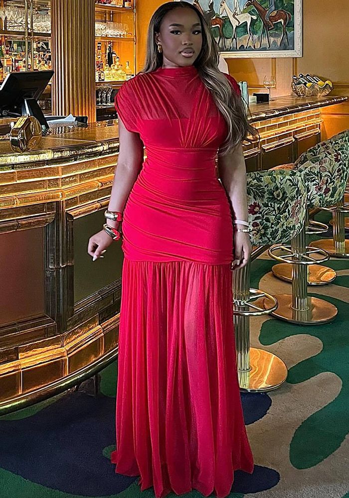 Robe Longue Tendance Rouge Chic Élégante en Maille pour Femme