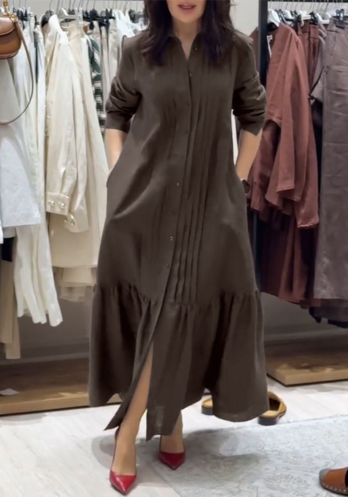 Robe Décontractée en Lin Uni avec Volant et Pli