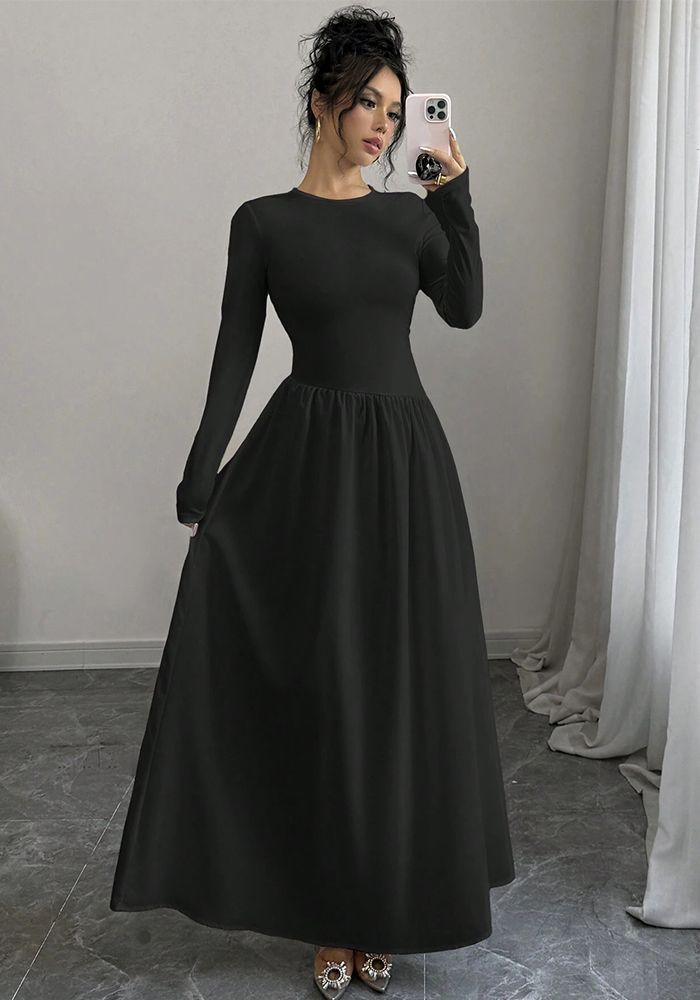 Robe Longue à Manches Longues Noire Élégante pour Femme
