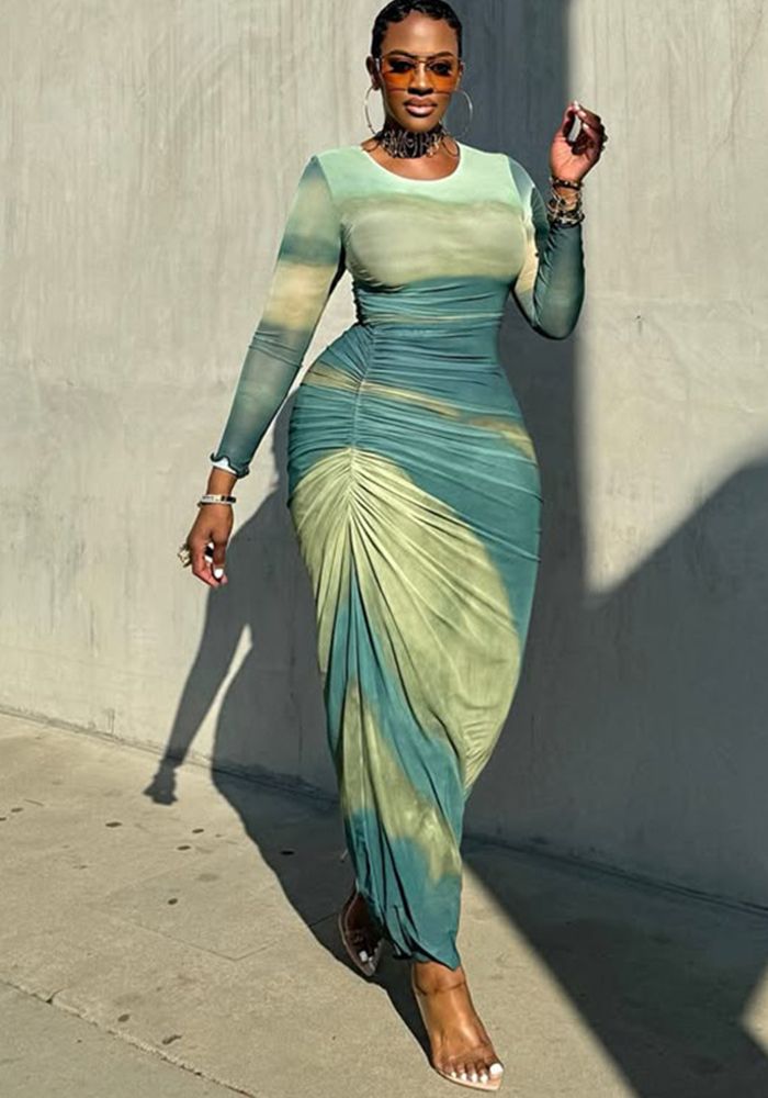 Robe ajustée à col rond à manches longues pour femmes, imprimée, taille plissée avec ceinture
