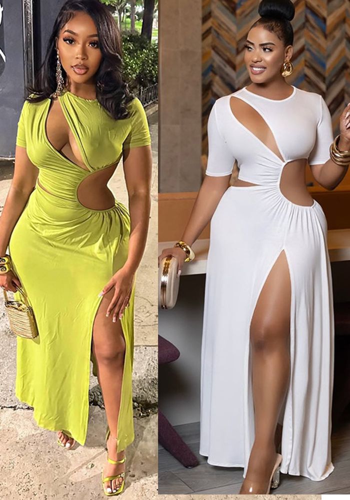 Robe plissée chic pour femmes avec découpes, fente, col rond irrégulier et couleur unie