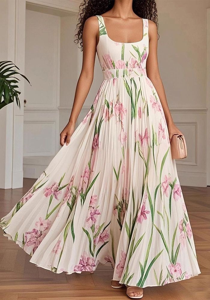 Robe d'été à bretelles plissée imprimée pour femmes