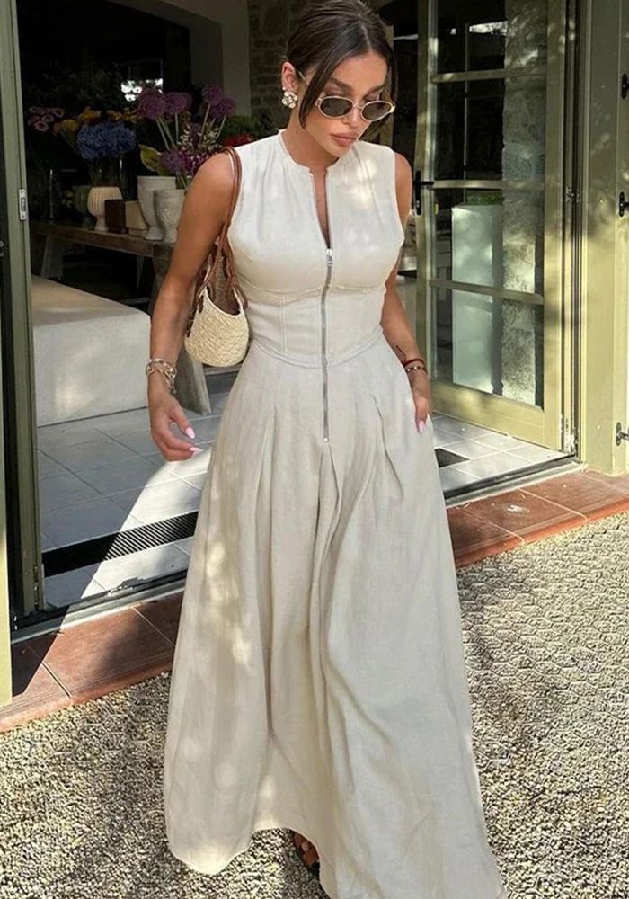 Robe Élégante Sans Manches À Taille Haute Unie Avec Fermeture Éclair