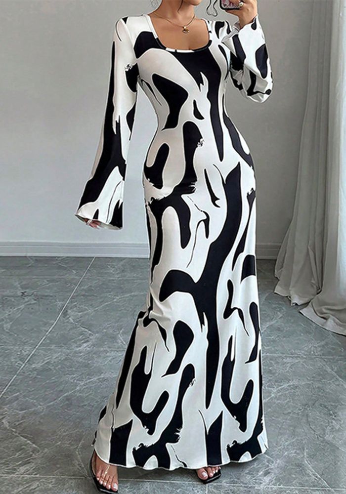 Robe Maxi Élégante à Manches Cloches Florales pour Femmes, Chic pour l'Automne et l'Hiver