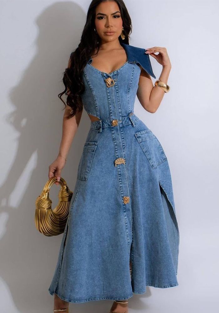 Robe en Jean Sans Manches à Col Rabattu et Taille Découpée Transparente