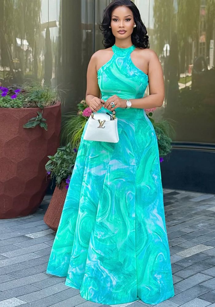 Robe Maxi Sans Manches Plissée à Col Rond Imprimé pour Femme