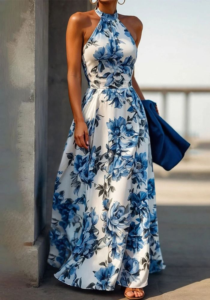 Robe de Plage Sans Manches à Col Halter Imprimée pour Femmes
