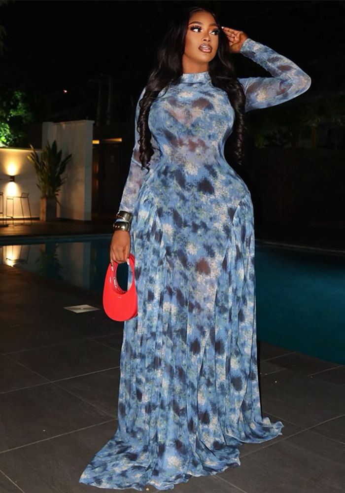 Robe maxi à col roulé imprimée pour femmes