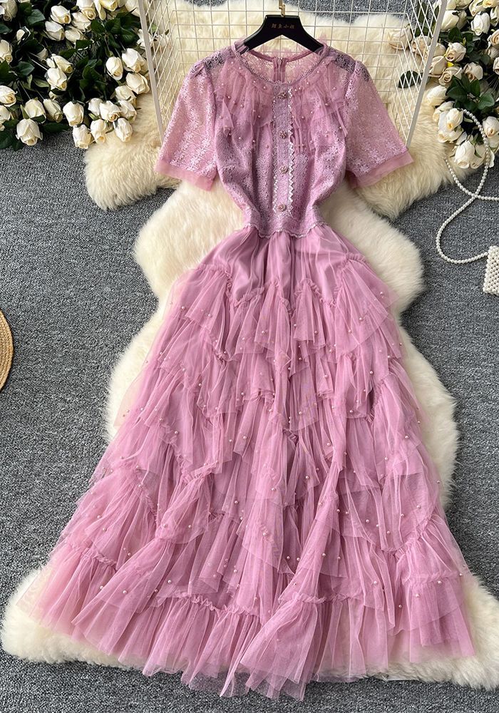 Robe en maille bouffante à manches courtes brodée de perles françaises pour femmes