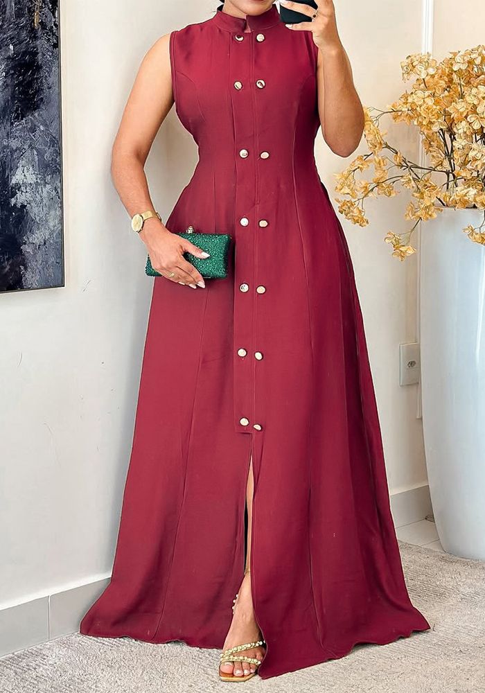 Robe Maxi A-Line Sans Manches Boutonnée Slim Taille Chic Décontractée pour Femme