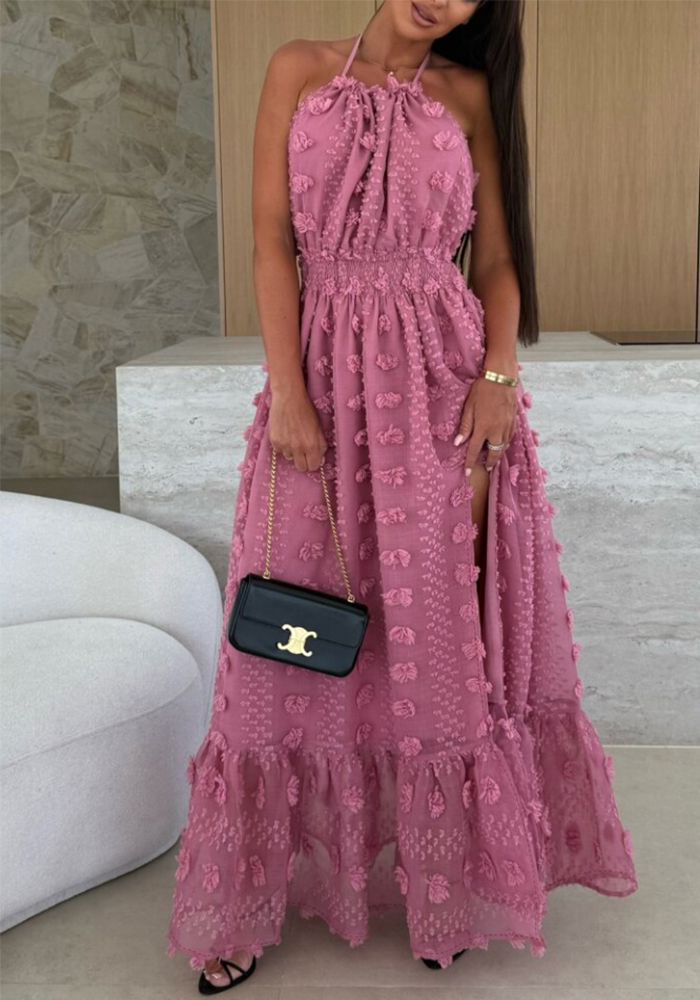Robe Longue Jacquard à Col Halter et Fente
