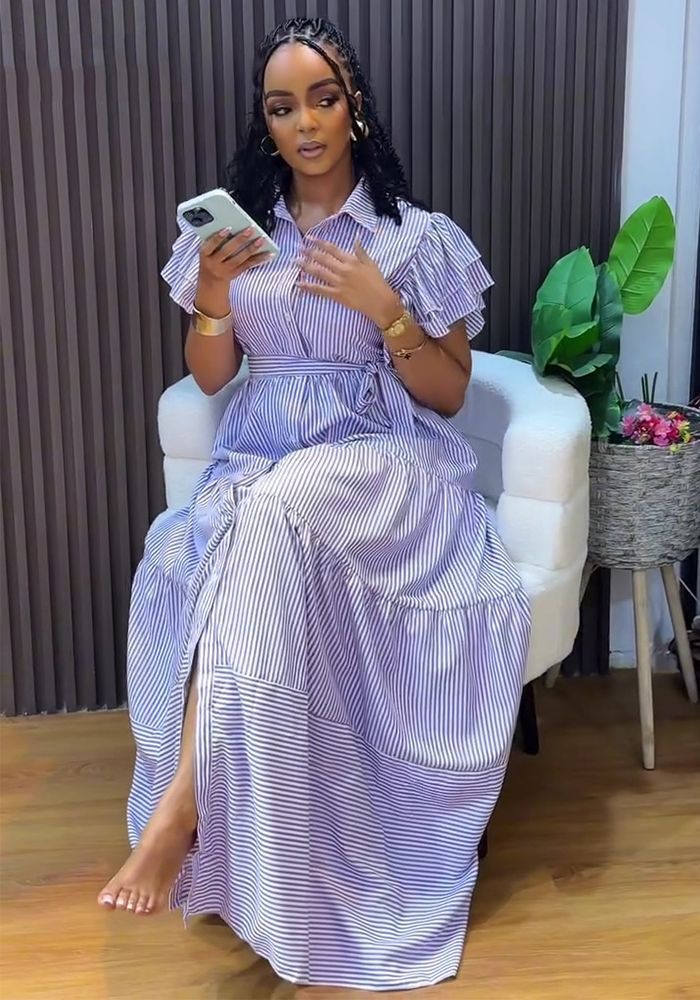 Robe Maxi à Manches Courtes Rayée Africaine Grande Taille avec Fentes