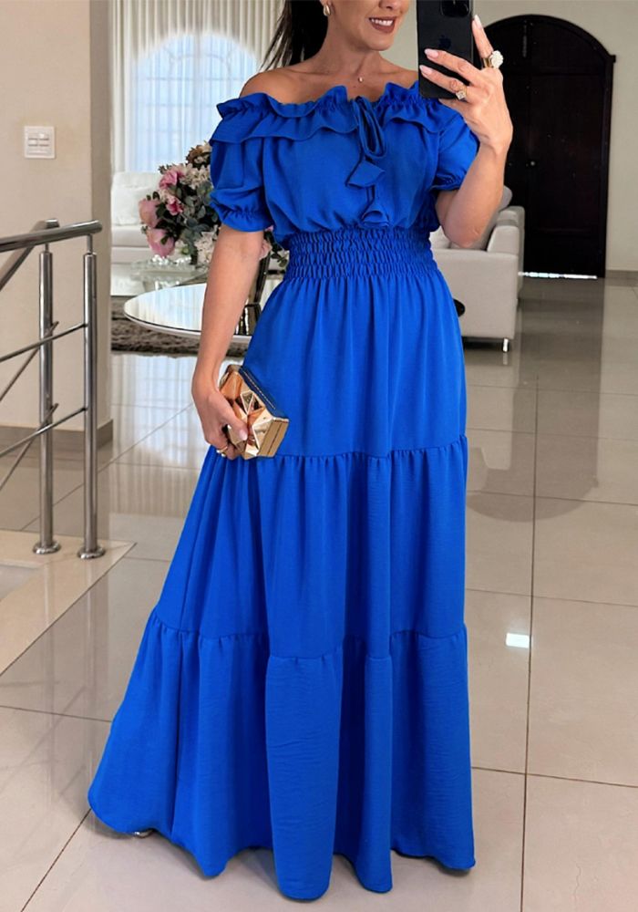 Robe Maxi Évasée à Volants pour Femmes sans Épaules
