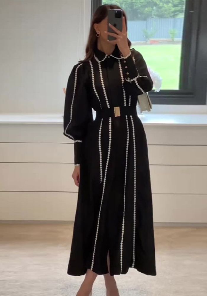 Robe à manches lanternes en dentelle française pour femmes, col rabattu d'automne