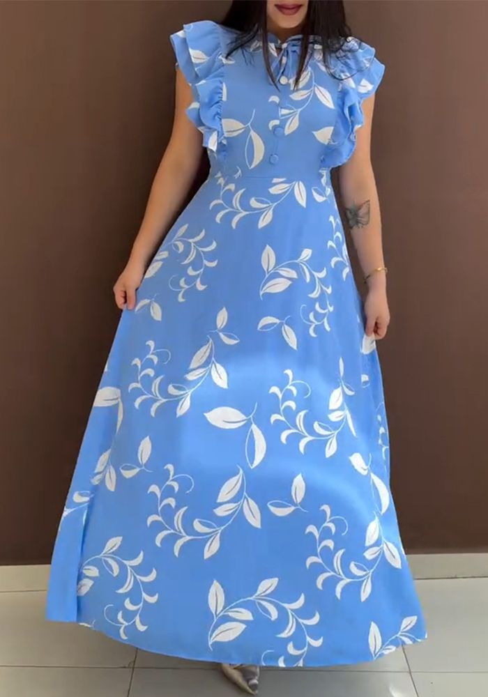 Robe Maxi Femme Bleue à Fleurs avec Encolure à Volants et Lacets