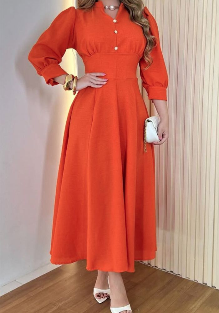 Robe A-Line Slim Taille à Manches Longues Unies avec Décolleté en V et Boutons
