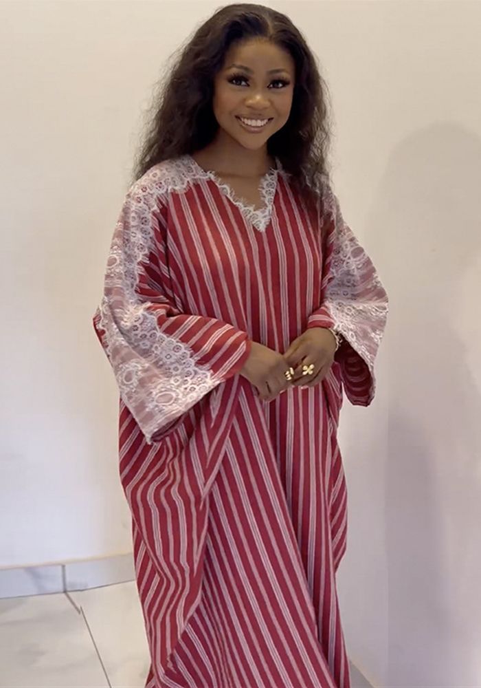 Robe Rayée à Col V en Dentelle pour Femmes en Été