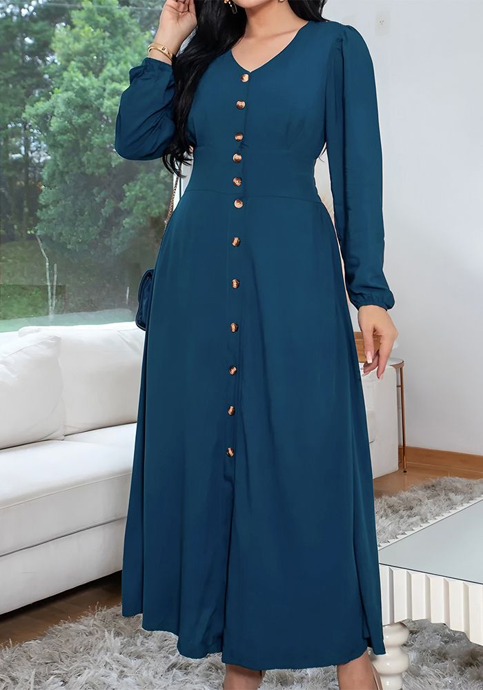 Robe V-Neck à Manches Longues Boutonnée pour Femmes