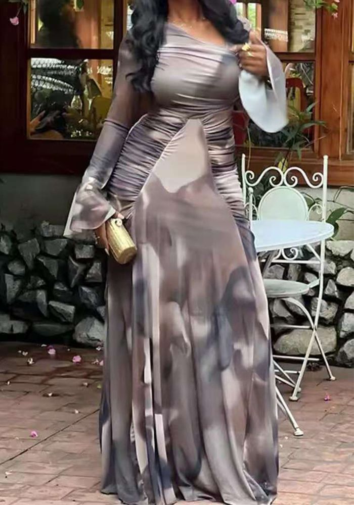 Robe Maxi Plissée à Épaules Dégagées Imprimée Automne Femme