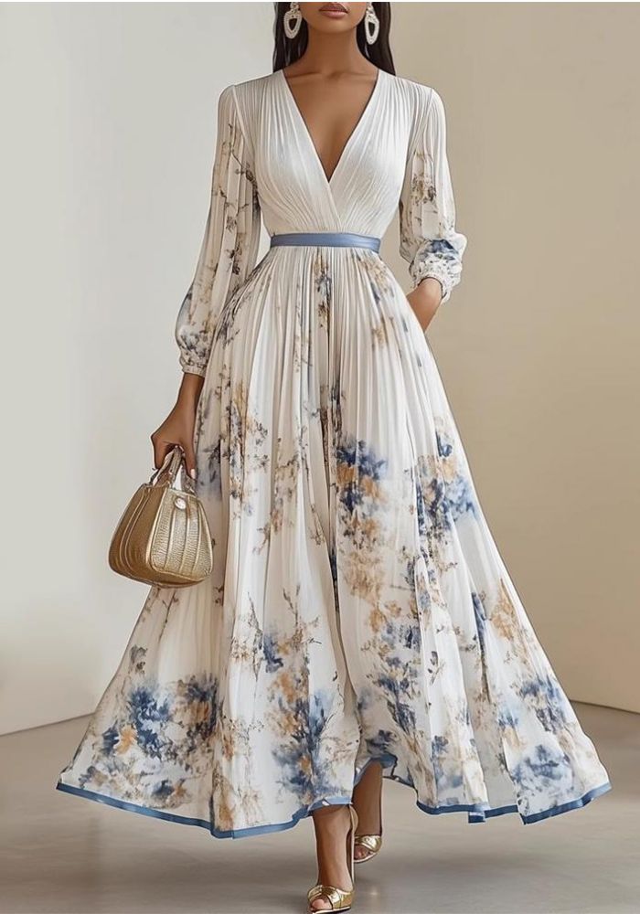 Robe maxi plissée à manches longues et décolleté en V imprimé numérique pour femmes