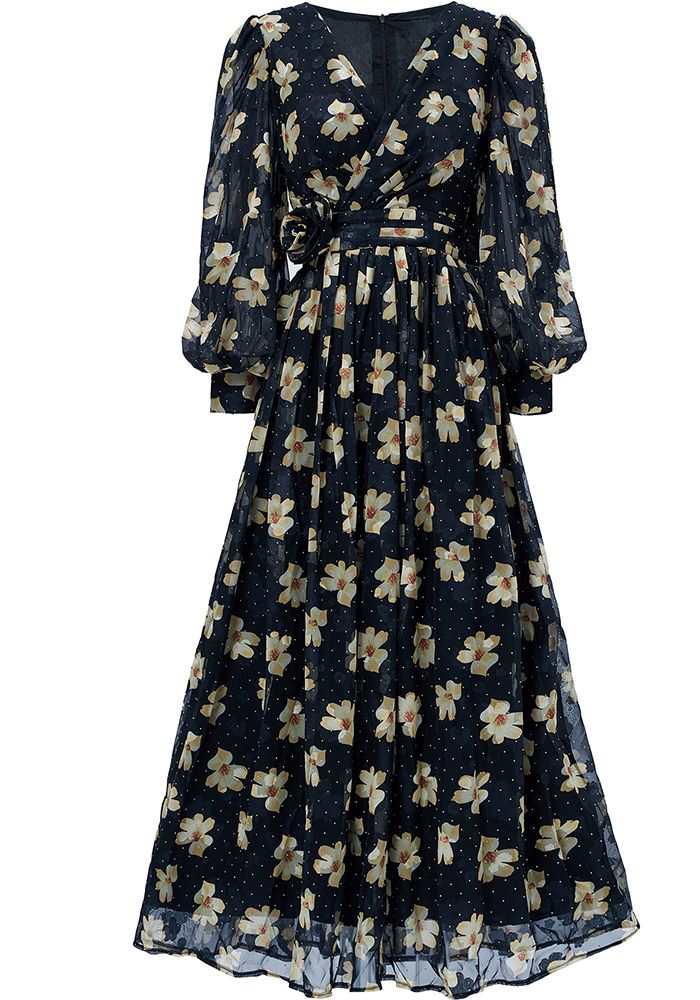 Robe de Soirée Élégante à Manches Longues pour Femmes avec Décolleté en V et Volants