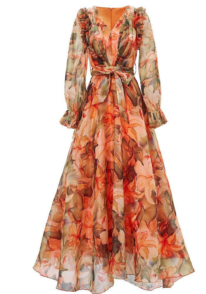 Robe de soirée en maille élégante pour femmes à manches longues et décolleté en V avec volants