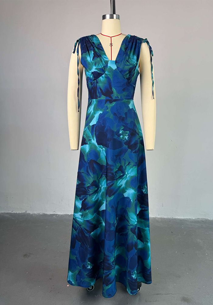 Robe Maxi A-Line Slim Fit à Taille Haute à Fleurs Douces V-Neck pour Femmes en Été