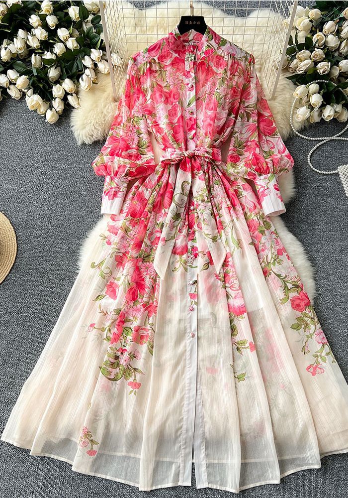 Robe Maxi Chiffon Imprimée à Col Montant et Manches Longues avec Ceinture Ajustée