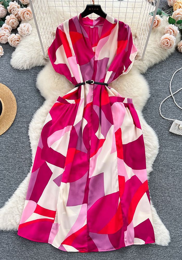 Robe Chemise D'été Imprimée À Ceinture Slim Taille Loose À Col V