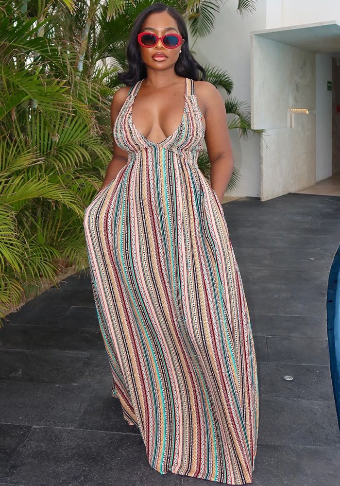 Robe à Lacets Rayée pour Femmes