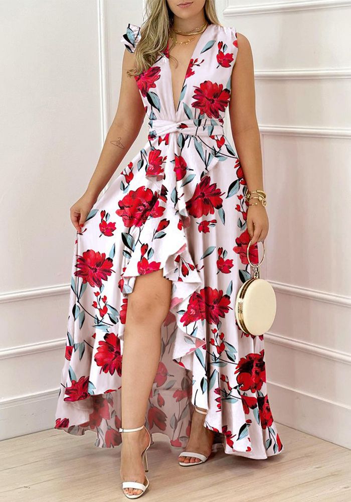 Robe imprimée rouge évasée à taille haute en V chic d'été