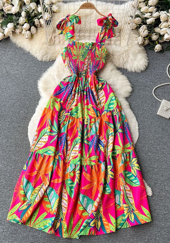 Robe d'été de vacances à bretelles avec lacets, taille slim et jupe évasée imprimée