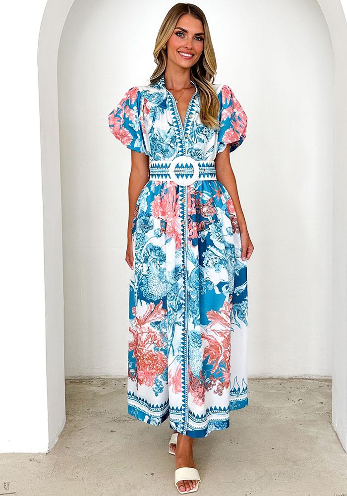 Robe Longue Imprimée Décontractée à Taille Liée