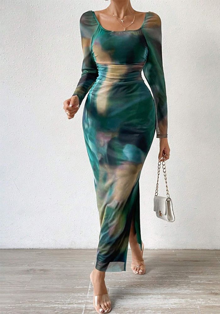 Robe Longue Slim à Manches Longues Fendue Imprimée Florale Débardeur