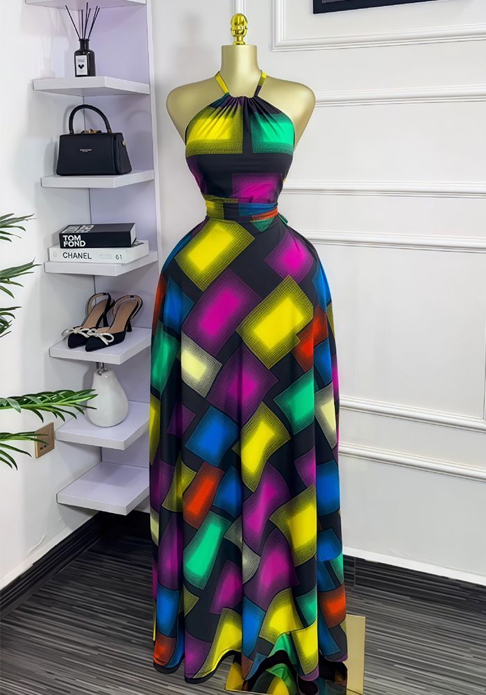 Robe Maxi Chic Sans Manches à Col Halter pour Femmes - Couleurs Bloc Slim Taille à Nouer