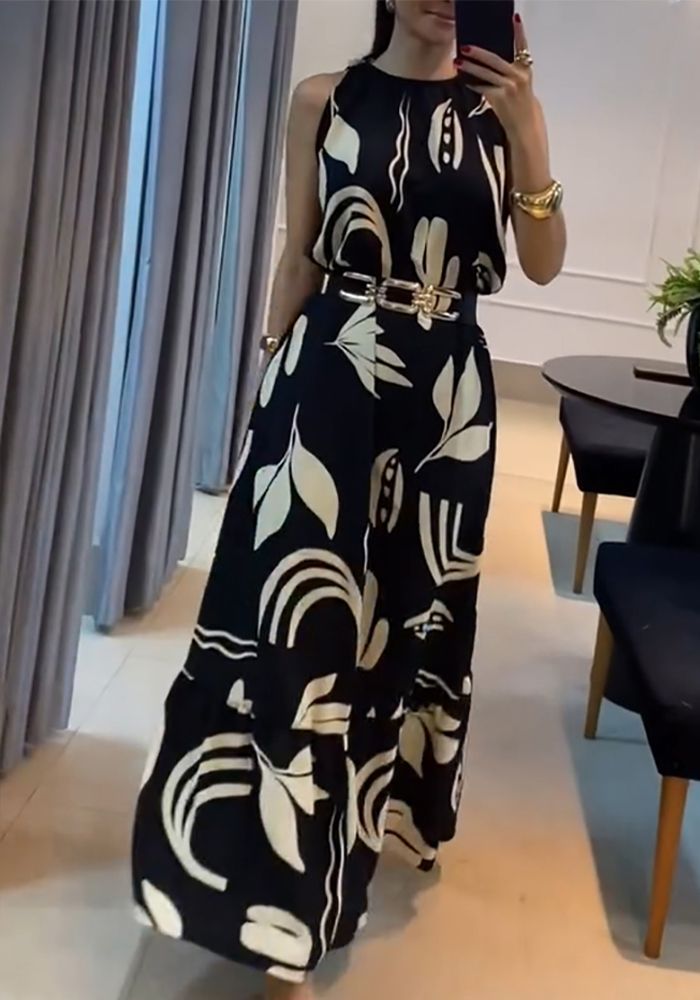 Robe Maxi Sans Manches Femme Imprimé Feuilles Noir et Blanc--Sans Ceinture