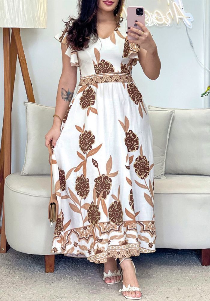 Robe Longue Slim Taille Ruffle à Imprimé Floral Rétro