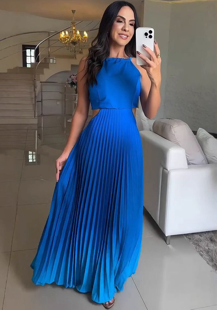 Robe Maxi Plissée Dégradée Élégante à Col Halter pour Femme