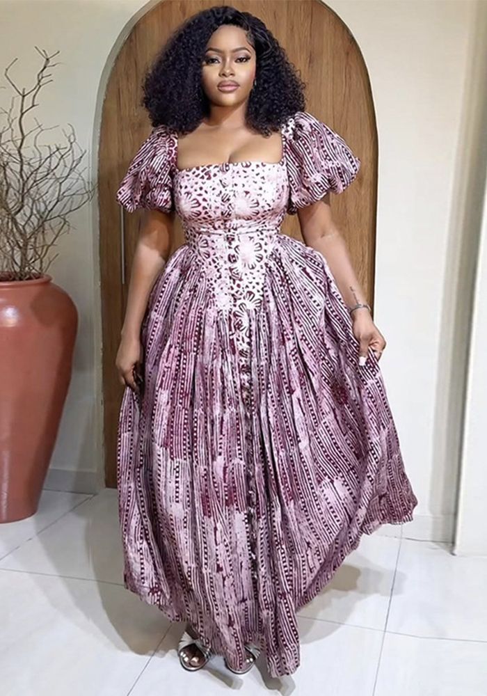 Robe à manches bouffantes imprimée à encolure carrée taille haute pour femmes