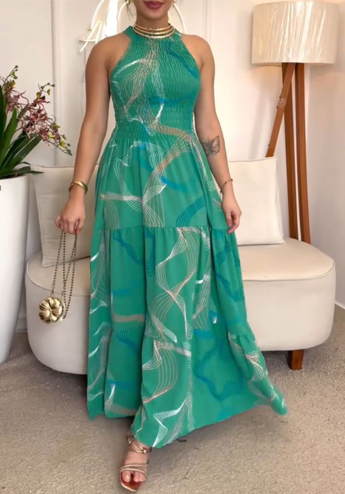 Robe Maxi Imprimée Sans Manches à Col Halter Slim