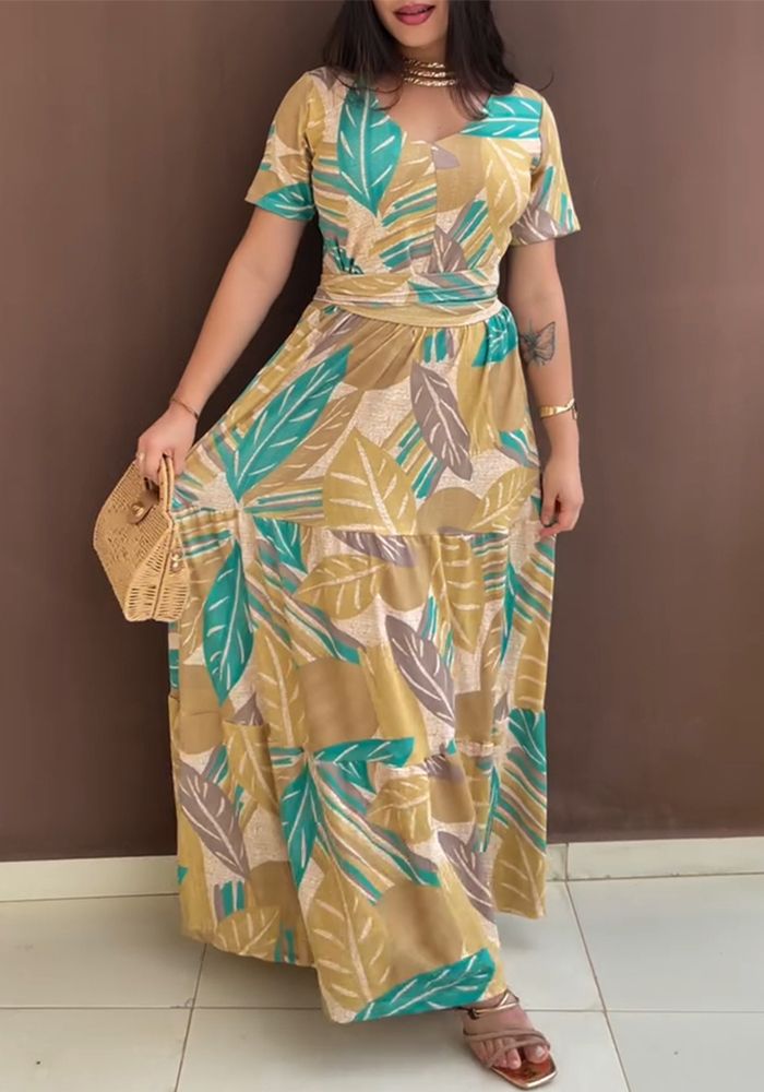 Robe Longue de Vacances à Manches Courtes à Imprimé Floral Tendance avec Ceinture Slim