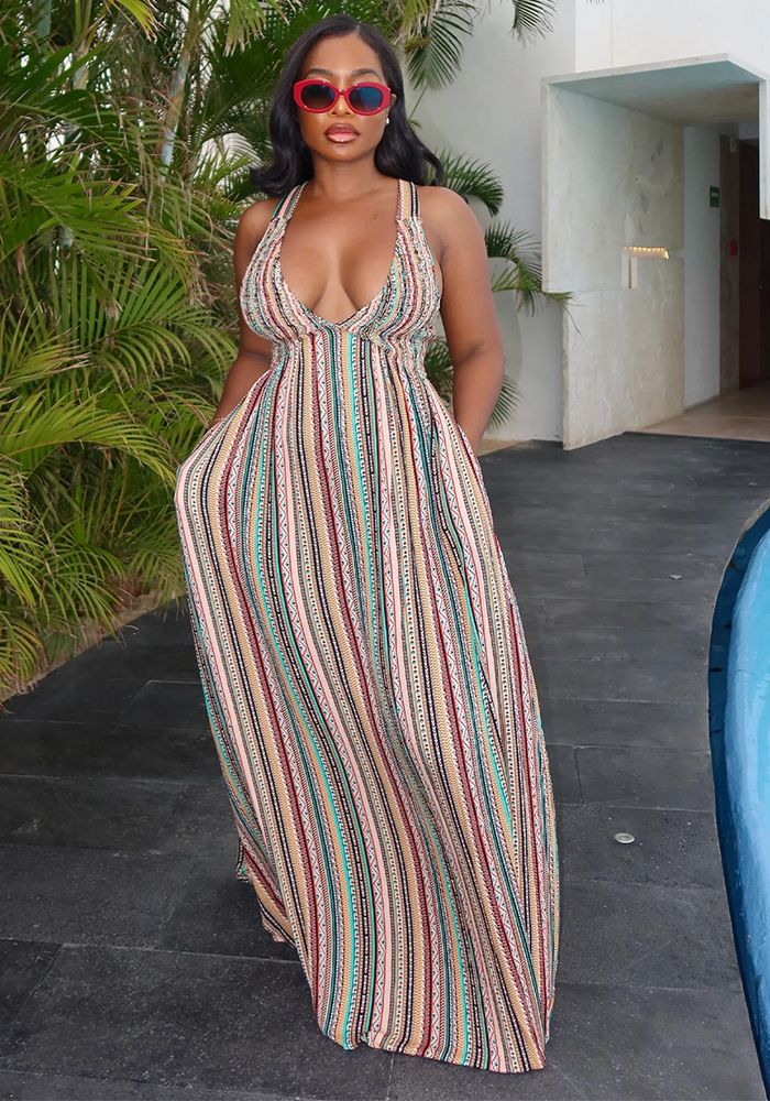 Robe à taille ouverte à lacets à rayures pour femmes pour les vacances d'été