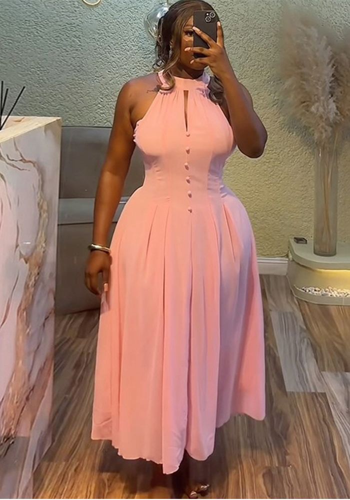 Robe longue rose sans manches à col halter chic d'été pour femmes