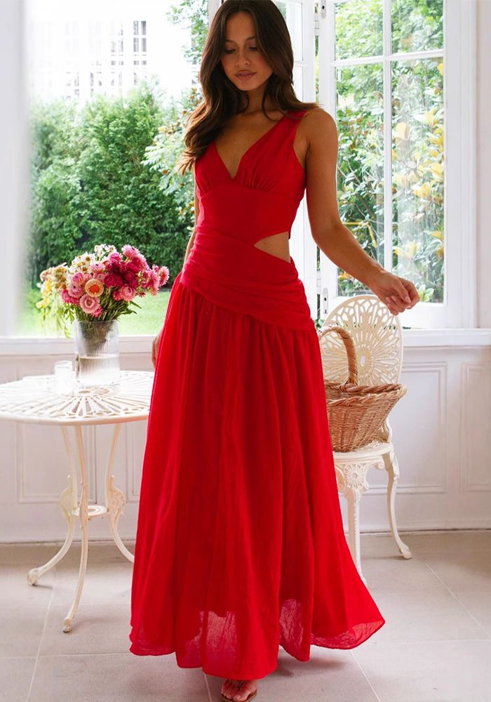 Robe Maxi Sans Manches à Col V en Couleur Unie et Patchwork