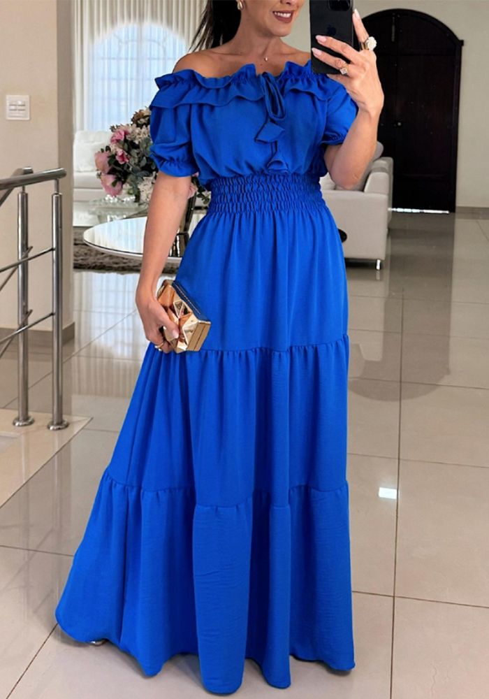Robe Maxi Femme à Manches Bouffantes Détachées avec Volants et Liens de Couleur Unie