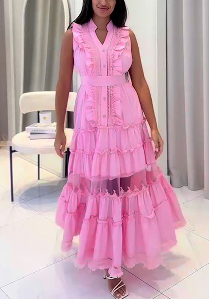 Robe Longue Chic Sans Manches à Volants pour Femme