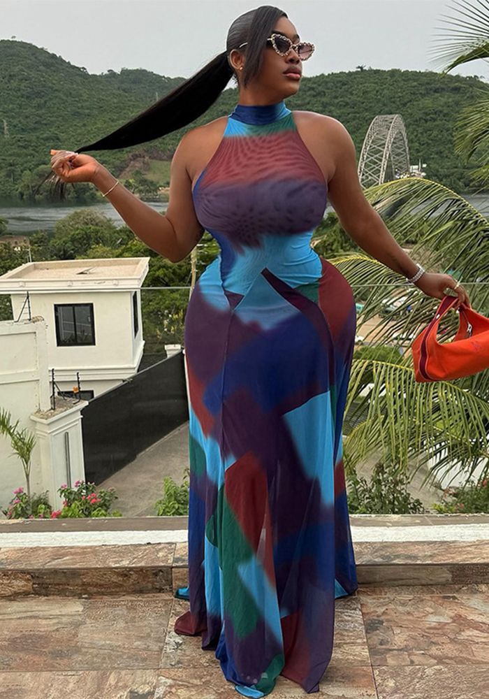 Robe Maxi Sans Manches à Imprimé Mode Femme avec Dos Nu et Col Halter