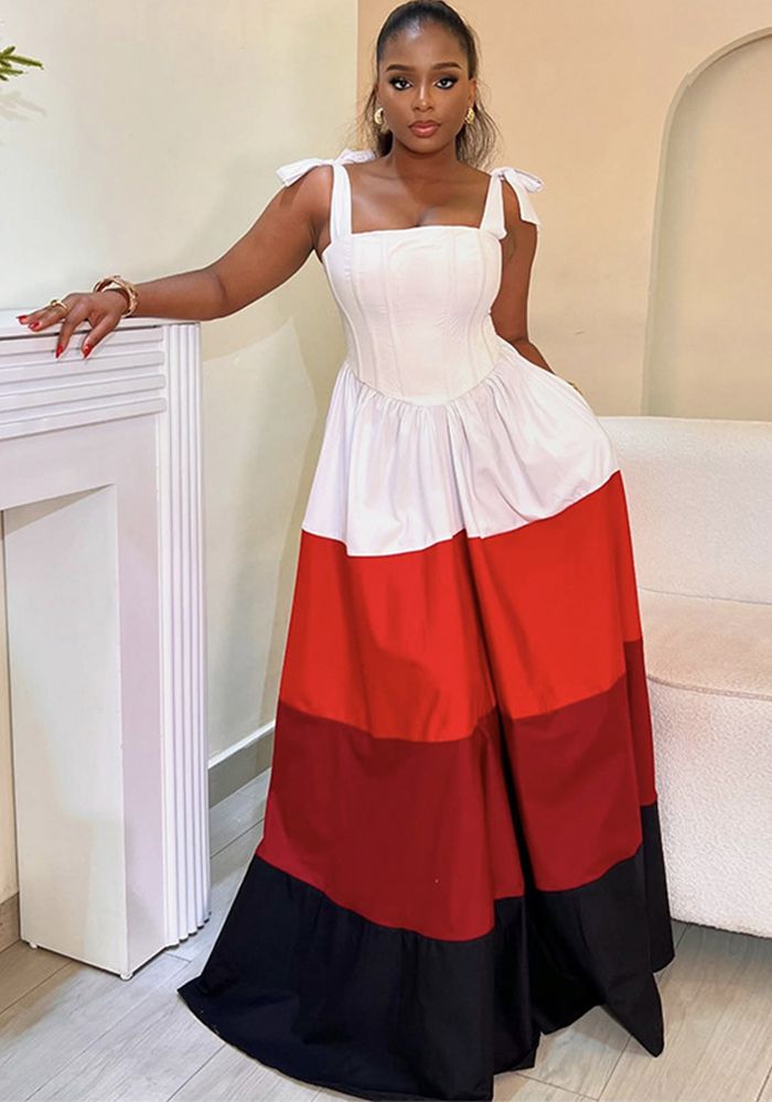 Robe à Bretelles avec Nœud Color Block pour Femmes Printemps