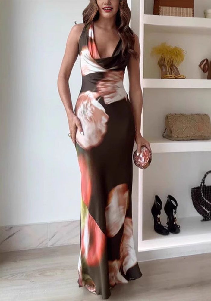 Robe longue slim à imprimé sans manches haute taille de mode estivale