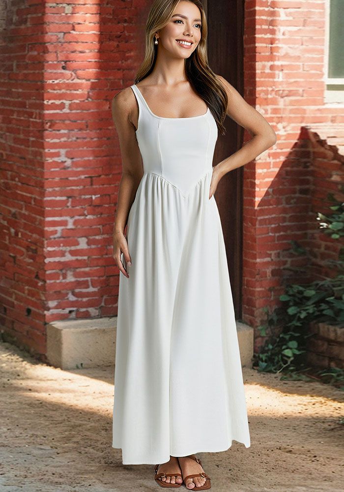 Robe longue sans manches unie pour femmes à taille fine chic